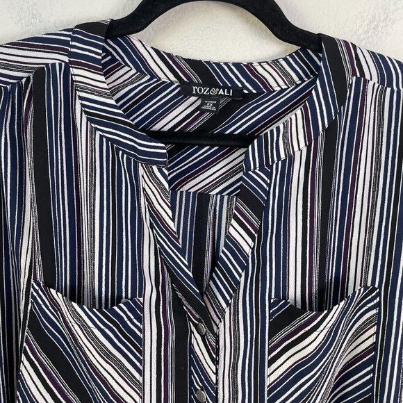 Roz & Ali Womens Plus 2X Striped Roll Tab Sleeve Blouse Pockets Top Shirt - Picture 8 of 9